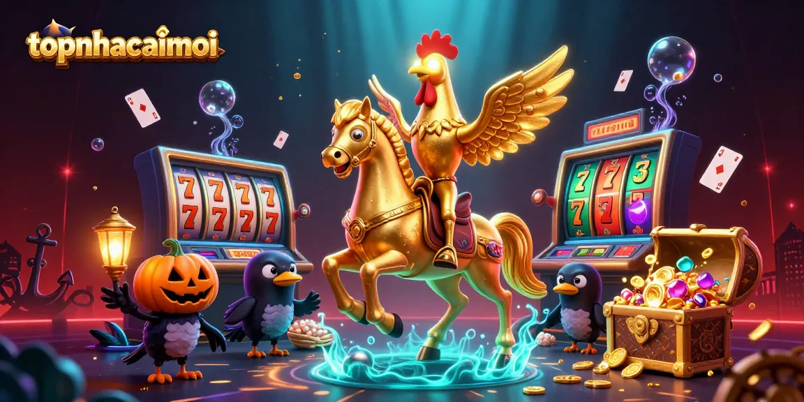 Engage in the world of topnhacaimoi with a vibrant 3D casino scene showcasing golden rooster and spectral elements.