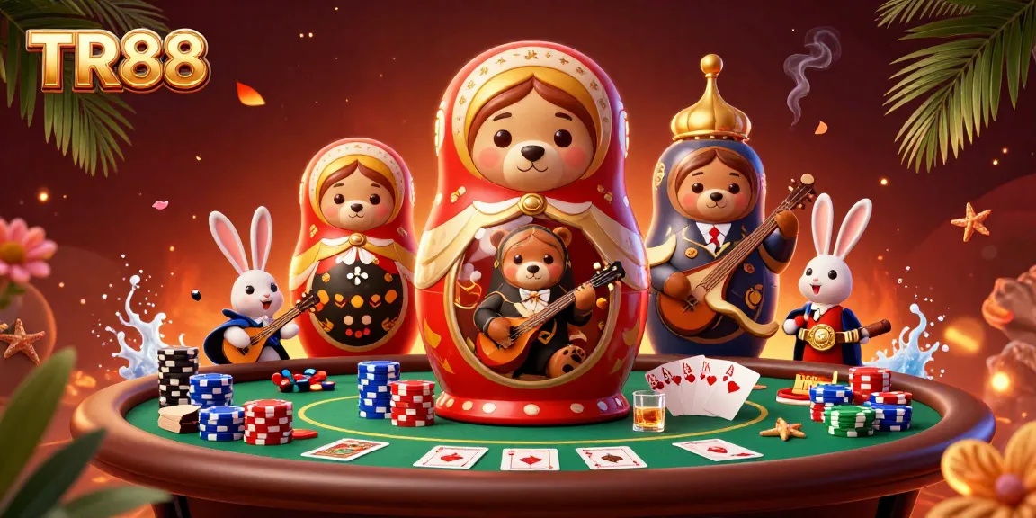 Experience the TR88 excitement with a vibrant casino scene featuring 3D cartoon characters and poker elements.