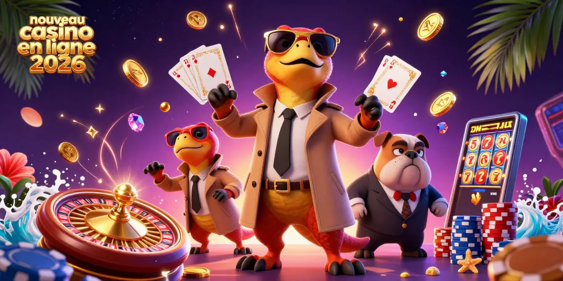 Illustration captivante de trois raptors déguisés en humain à l'entrée d'un nouveau casino en ligne 2026, entourés d'or et de jeux de cartes.