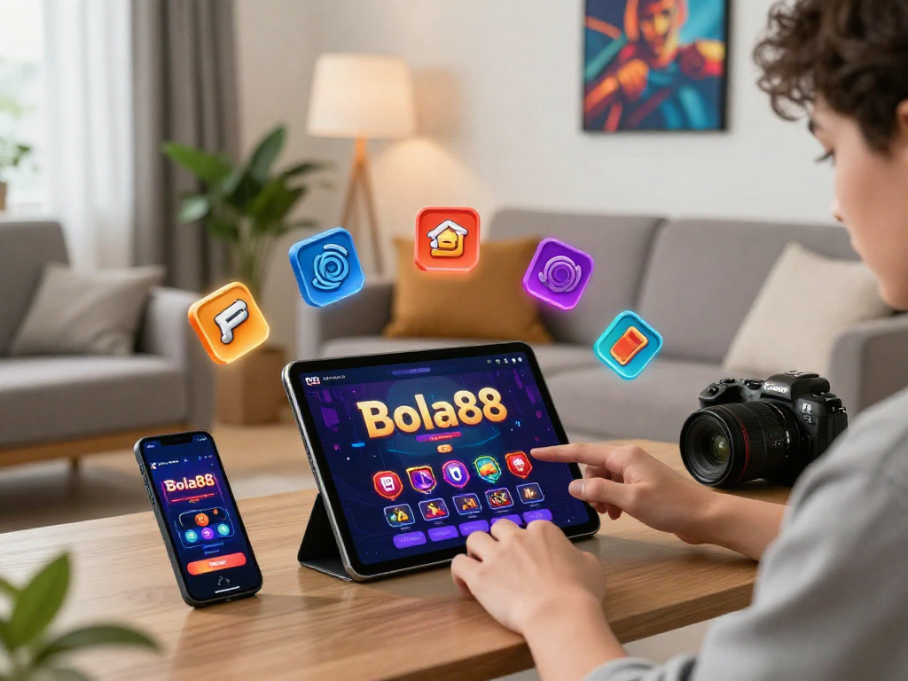 Experience digital gaming at home with Bola88 on tablet in a cozy setting.