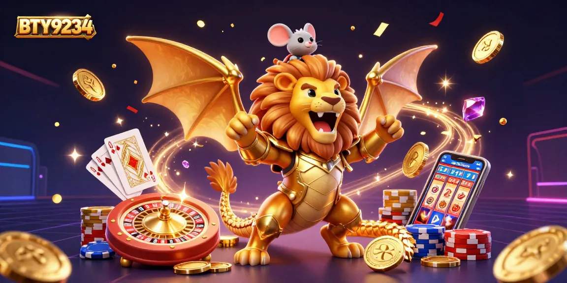 Experience the thrill of BTY9234 with dynamic golden coins and vibrant casino elements floating around a mighty chimera.