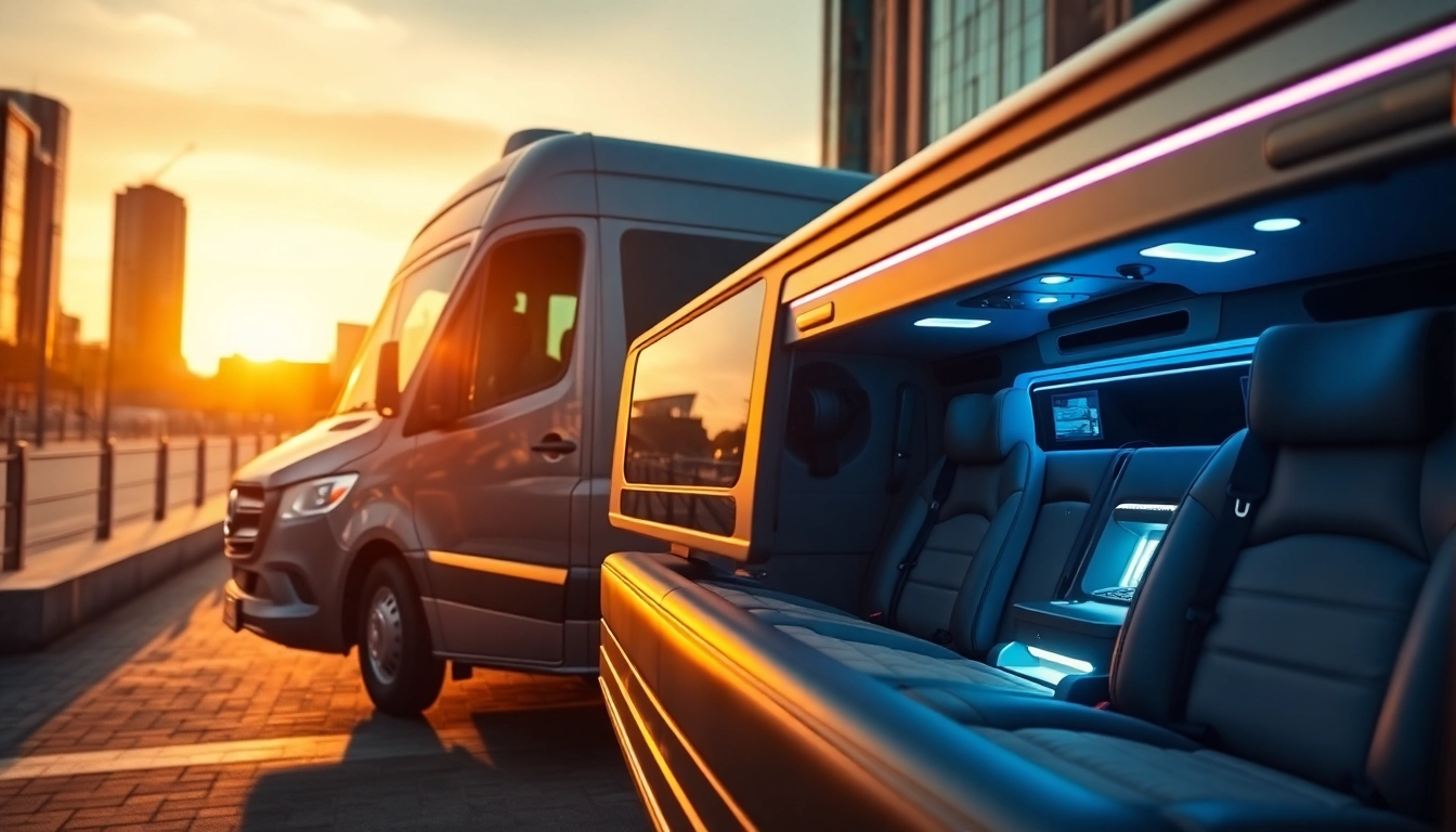 Luxury Mercedes Sprinter limo Rhode Island showcasing sleek design in an elegant urban sunset setting.