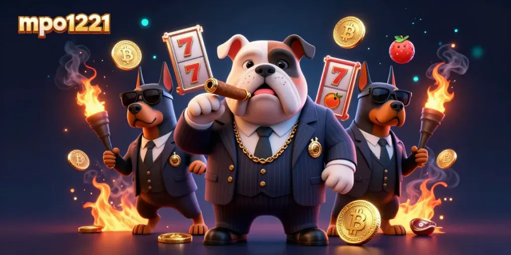 Engage with mpo1221, where a mafia boss bulldog and bodyguard Doberman pinschers celebrate winning on vibrant slot reels.