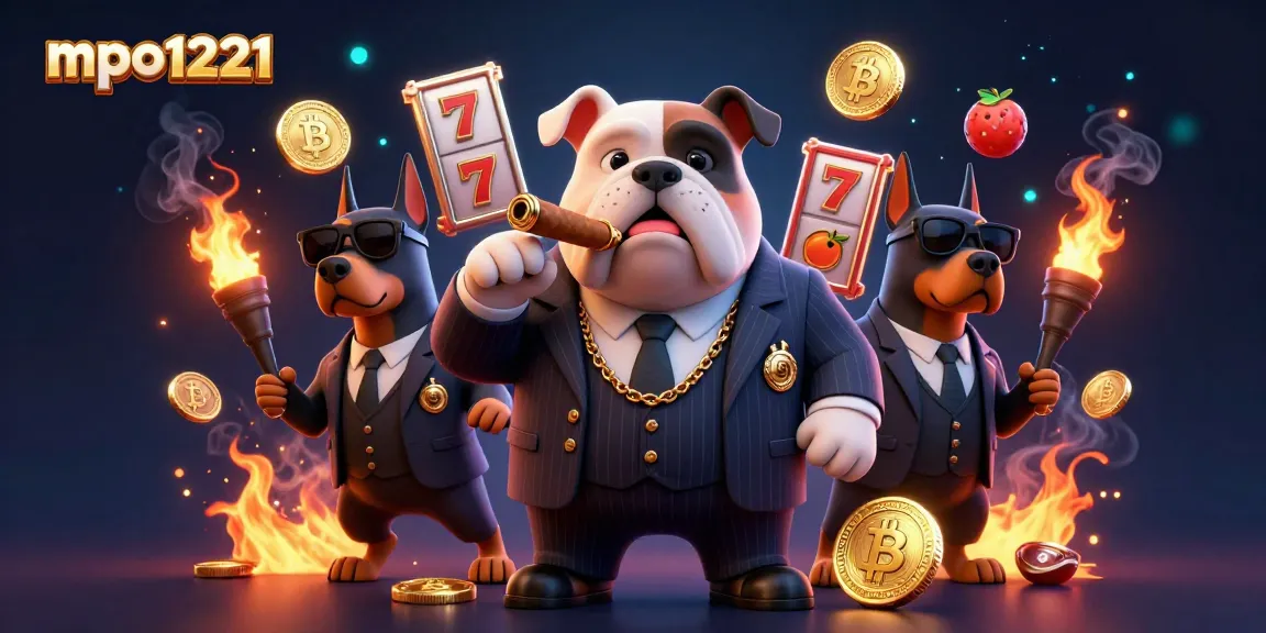 Engage with mpo1221, where a mafia boss bulldog and bodyguard Doberman pinschers celebrate winning on vibrant slot reels.