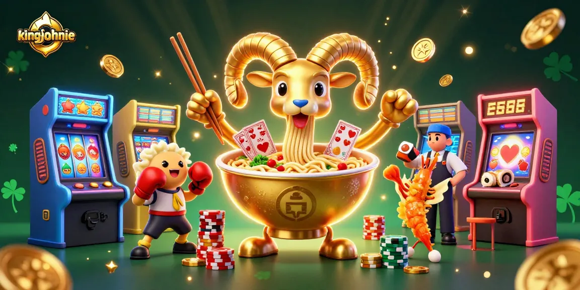 Experience kingjohnnie's vibrant casino world where a golden ramen bowl deals cards amid bright arcade machines.