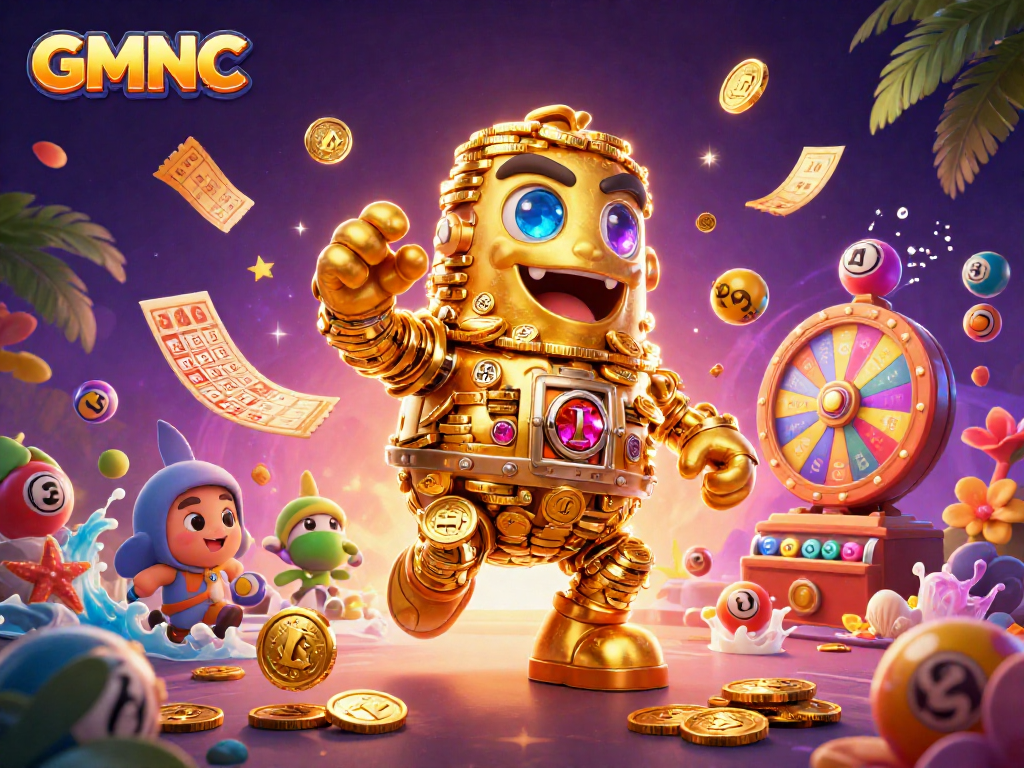 Experience GMNC's lottery excitement with a golden golem and vibrant prize elements