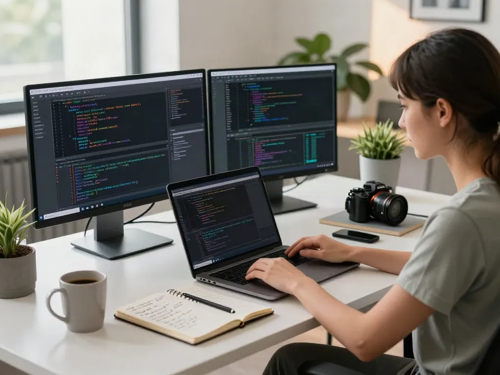 Developer coding on a laptop showcasing brave浏览器 in a modern workspace.