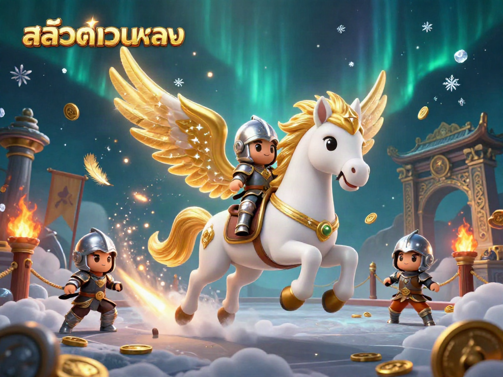 Engage in online gaming experiences with the celestial white horse alongside an armored knight in สล็อตเว็บตรง.