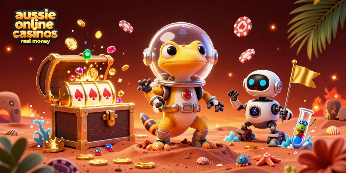 Experience the excitement of aussie online casinos real money scenes through playful characters discovering golden treasures.