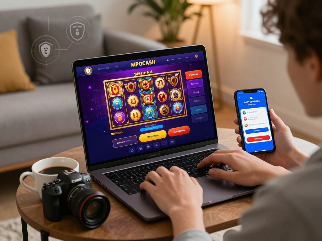 MPOCASH online gaming platform interface with user engaged in a secure environment.