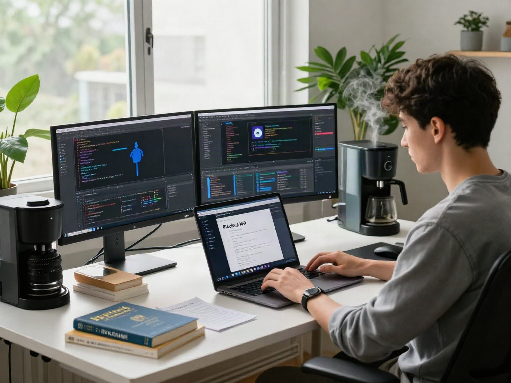 Pikashow APK download in a vibrant modern workspace with a developer coding on a laptop surrounded by tech tools.