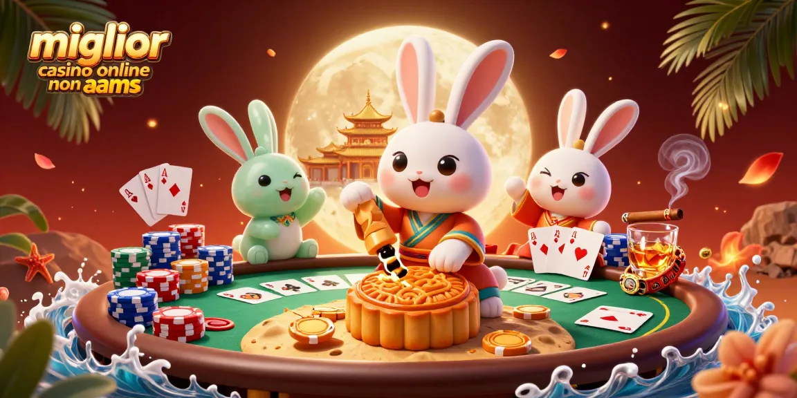 Scopri il miglior casino online non AAMS con un coniglio lunare che celebra una vincita al poker.