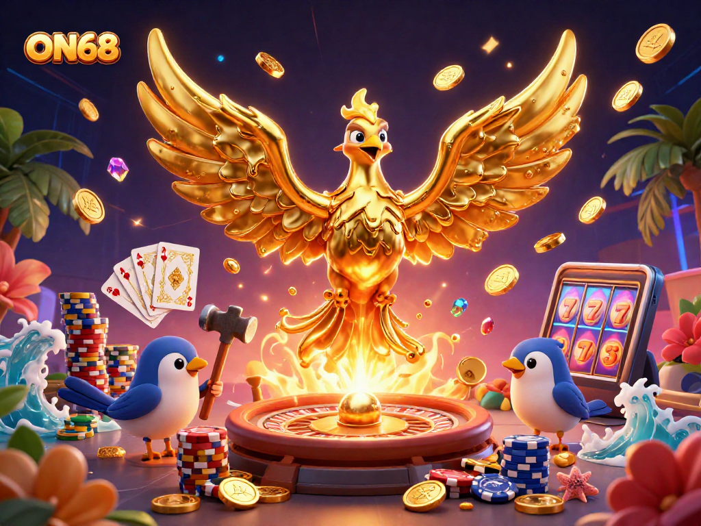 Experience the thrilling world of ON68 with molten gold phoenix, spinning roulette, and vibrant casino elements.