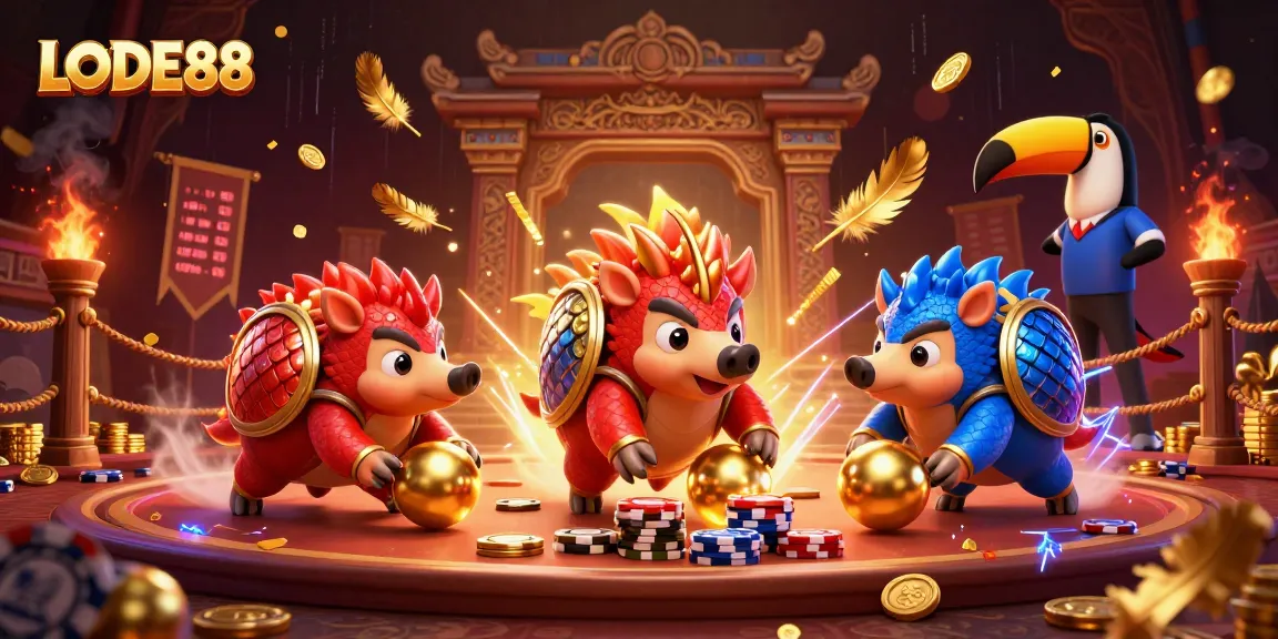 Join the excitement at LODE88 as rival pangolins roll golden balls in a high-stakes poker showdown.