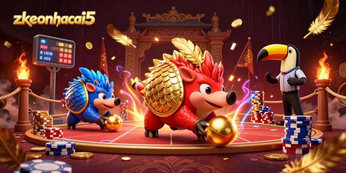 Rival pangolins compete at zkeonhacai5, surrounded by poker chips and festive decor.