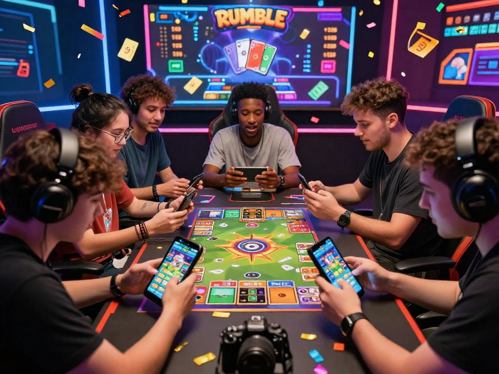 Exciting scene of diverse players enjoying Rumble Rummy on mobile devices, showcasing community and real-time gaming.