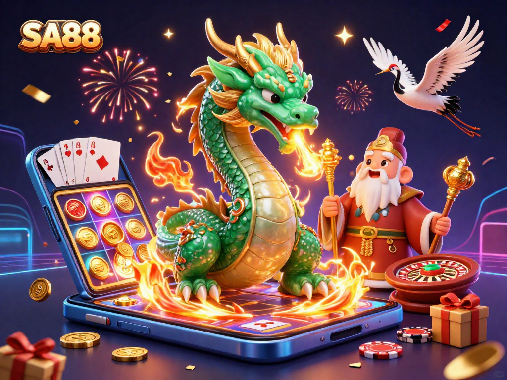 SA88 gamblers enjoy an enchanting world with a jade dragon, turtle sage, and festive celebration.