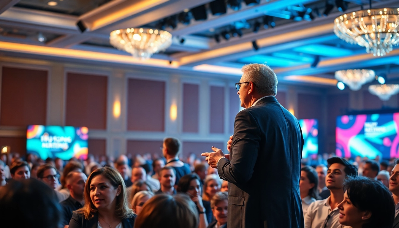 Keynote Speaker captivating an audience in a vibrant conference setting with lively engagement.