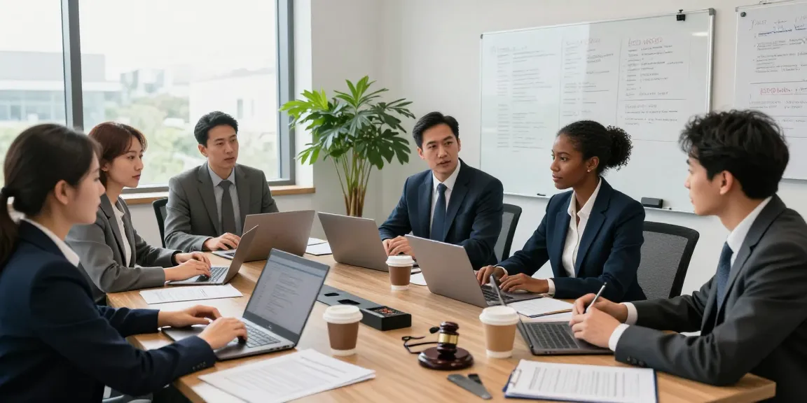 Sneak a peek at these guys in a modern law office where attorneys collaborate on legal strategies, embodying professionalism and teamwork.