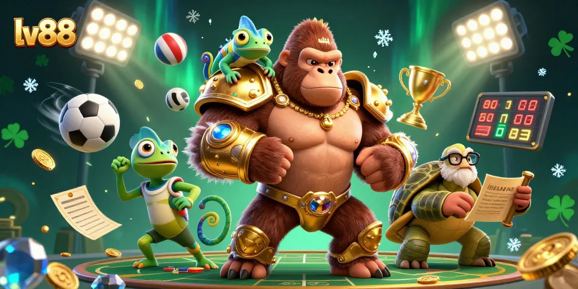 Experience thrilling gameplay with lv88 featuring a dynamic illustration of a gorilla king and casino elements.