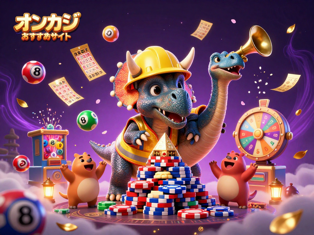 オンカジ おすすめサイトで、トリケラトプスがポーカーチップのピラミッドを作るシーン