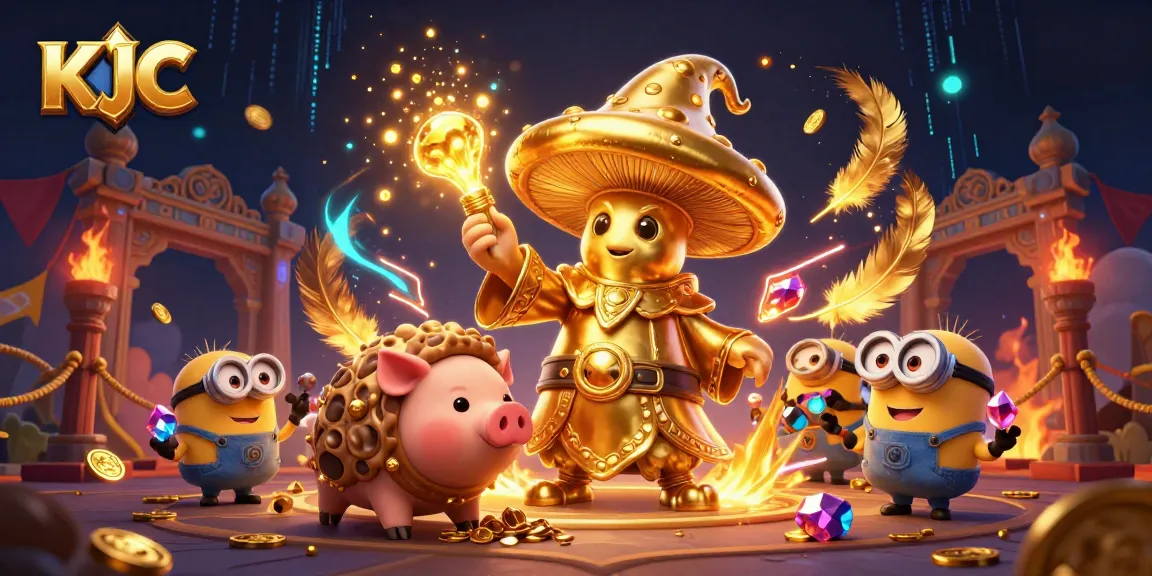 KJC players unlock treasure as the golden mushroom wizard conjures riches in this vibrant casino scene.