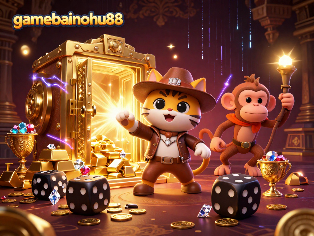 Join the quest for treasure in gamebainohu88, featuring a cat explorer and monkey amidst golden artifacts.