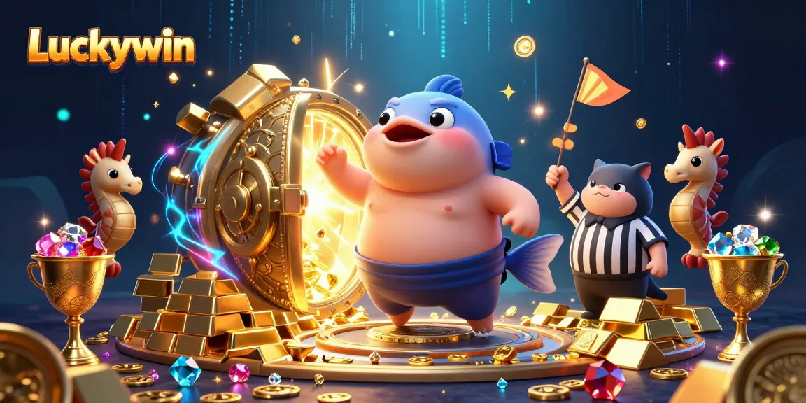 Win big at Luckywin with vibrant 3D illustration featuring a fugu in a casino scene.