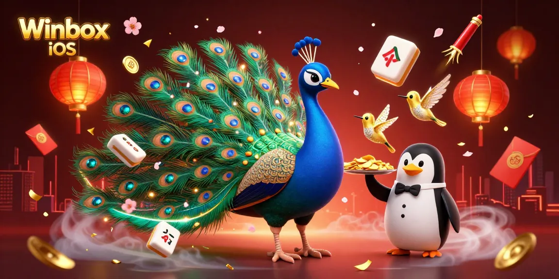 Engage with Winbox iOS as you explore vibrant online gaming, featuring an elegant peacock and a delightful penguin.
