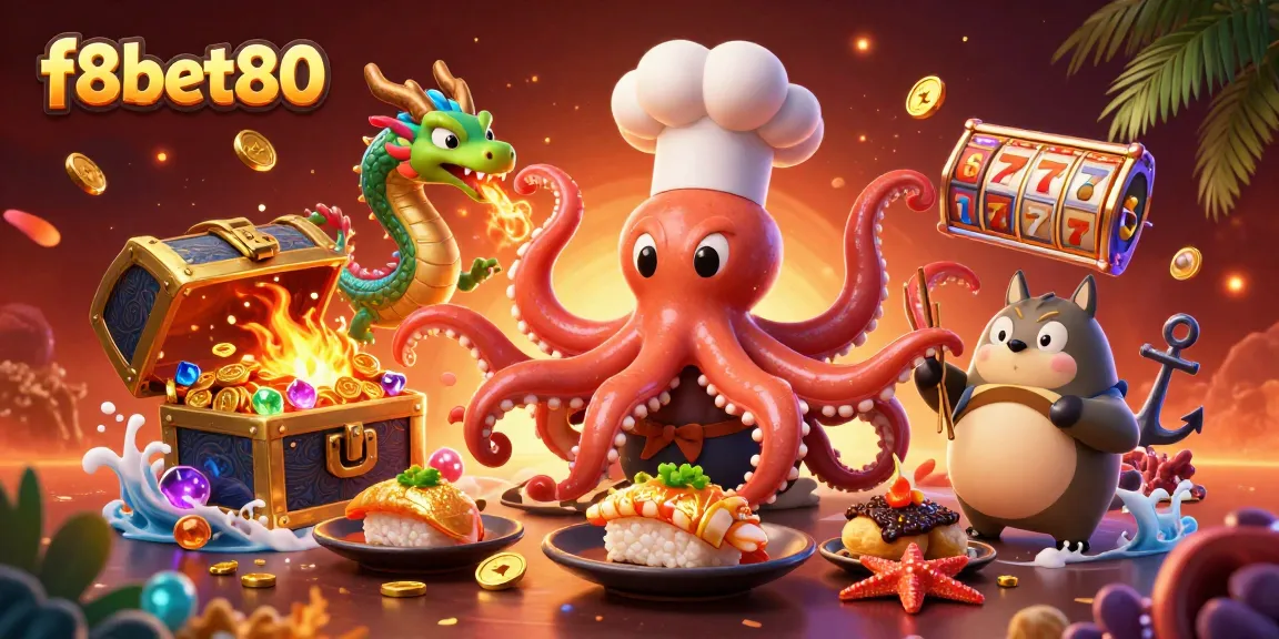 f8bet80 showcases a vibrant 3D casino scene with an octopus chef and lively action.