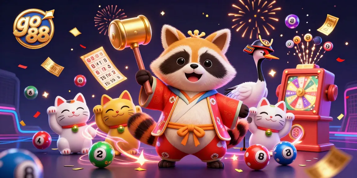 Engaging go 88 illustration featuring a cheerful tanuki and unique lottery elements, ideal for gaming enthusiasts.