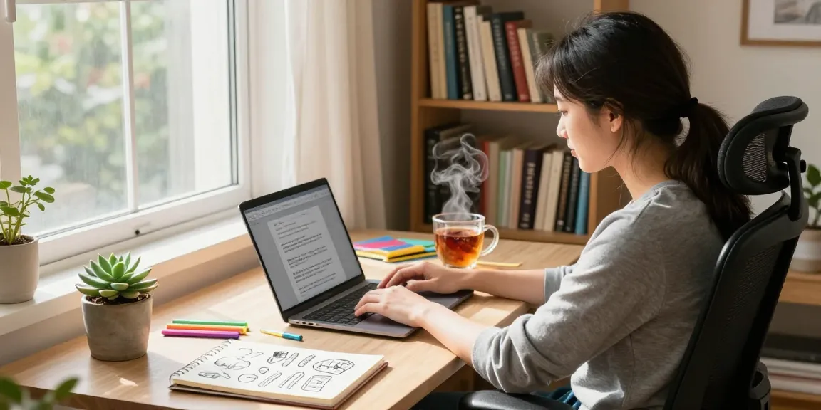 Cozy home office scene with a writer working on a laptop, read more on our blog for creative insights.