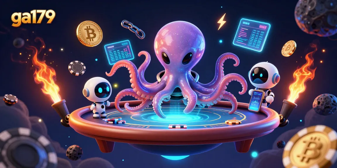Engage in crypto gaming fun with ga179 featuring a space octopus at a poker table.
