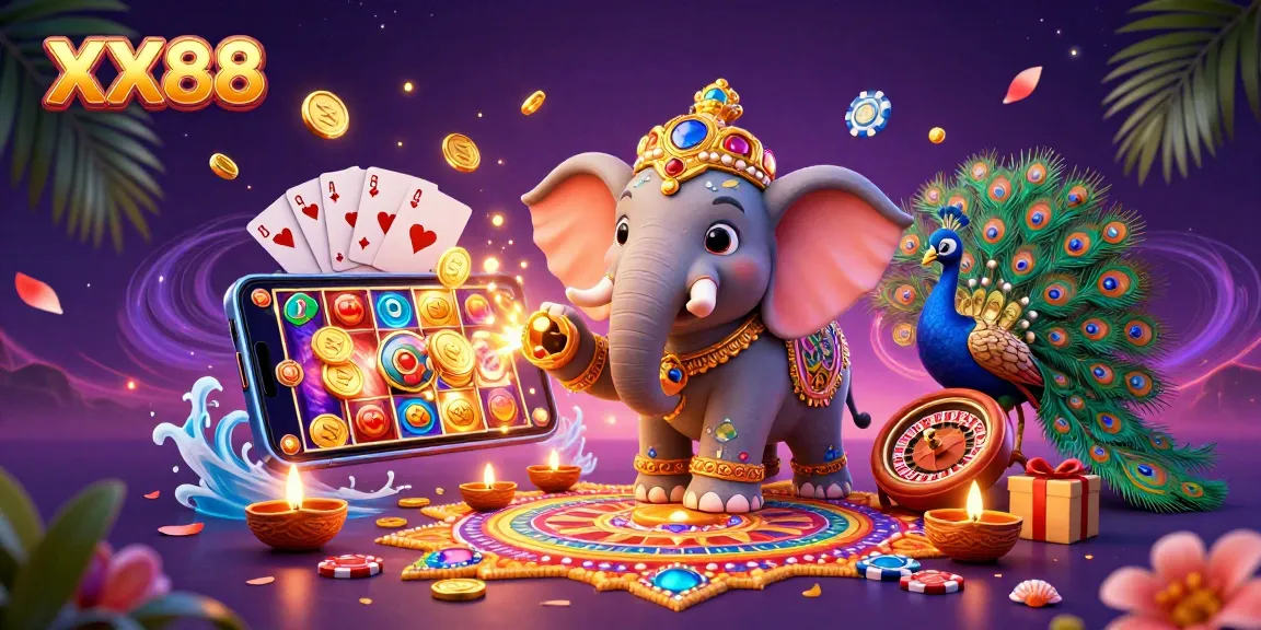 Engage with exciting XX88 gameplay featuring a vibrant elephant and peacock amidst dynamic casino elements.