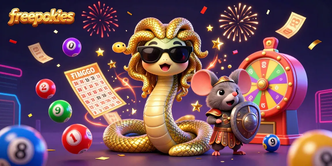 Experience freepokies with a vibrant scene featuring Medusa, a warrior mouse, and dynamic lottery elements.