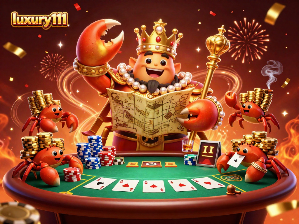 Experience luxury111 with a vibrant crab emperor ruling the poker table in an unforgettable casino scene.