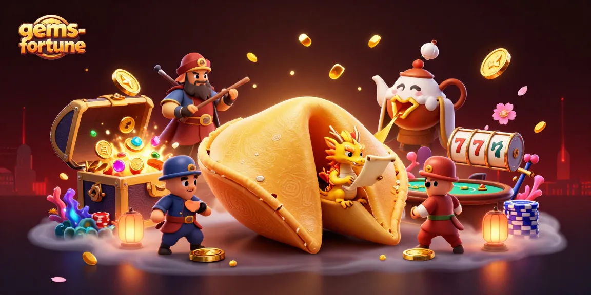 Experience gems-fortune excitement with golden cookie and dragon amid vibrant casino elements.