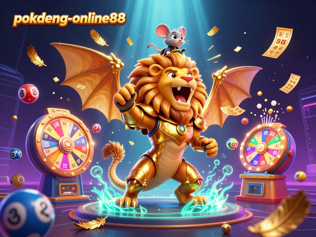 Engage with pokdeng-online88 through an action-packed scene featuring a chimera and dynamic lottery elements.
