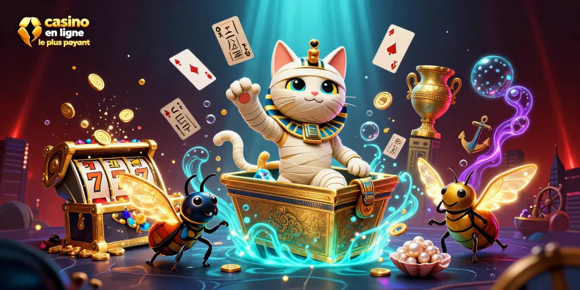 Visualisez le casino en ligne le plus payant avec un chat momifié égyptien entouré de trésors et de jeux de casino.