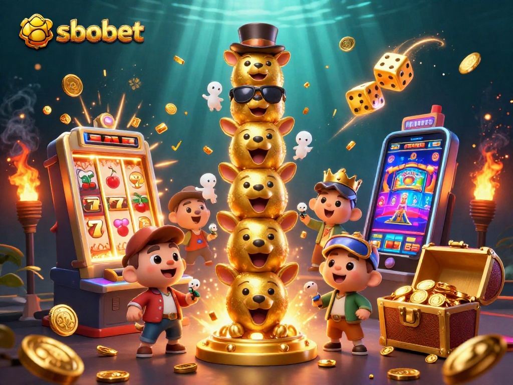 SBOBET's engaging sports betting scene with a vibrant golden totem amidst casino elements and jackpot excitement.