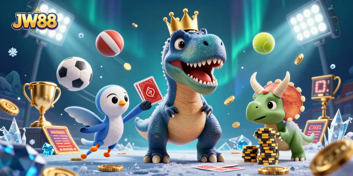 JW88 showcases a thrilling casino experience with a dinosaur-themed 3D card game illustration.