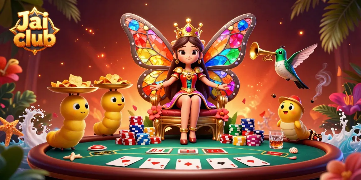 Engage in thrilling poker action at Jai club, featuring a vibrant butterfly queen alongside gaming elements.