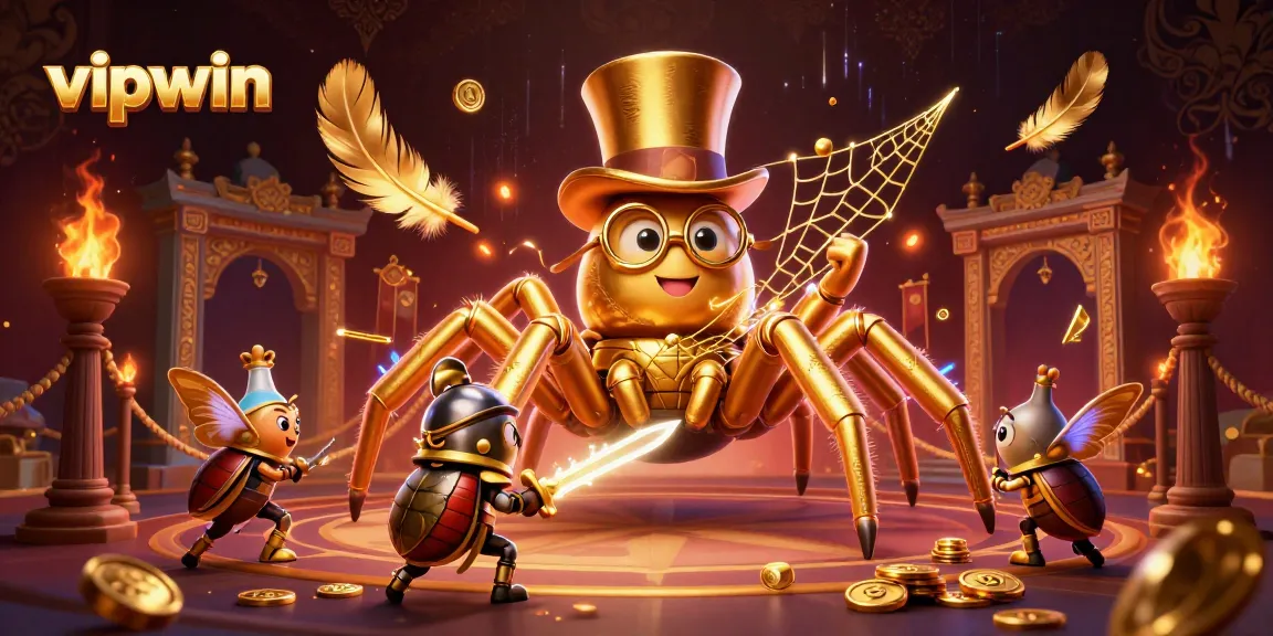 Experience the excitement of vipwin as a golden tarantula weaves its web in a vibrant casino scene.