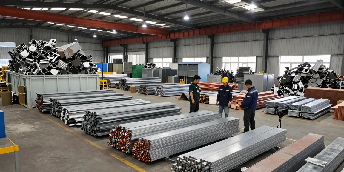 https://www.scrapsolutionplace.com/ penyedia berkualitas tinggi logam bekas, menampilkan pekerja dan scrap metal terorganisir.