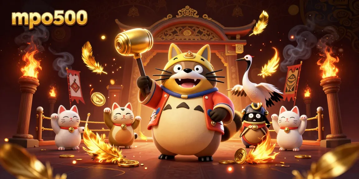 Engaging mpo500 casino illustration showcasing a tanuki in festival attire alongside samurai crane and waving fortune cats.