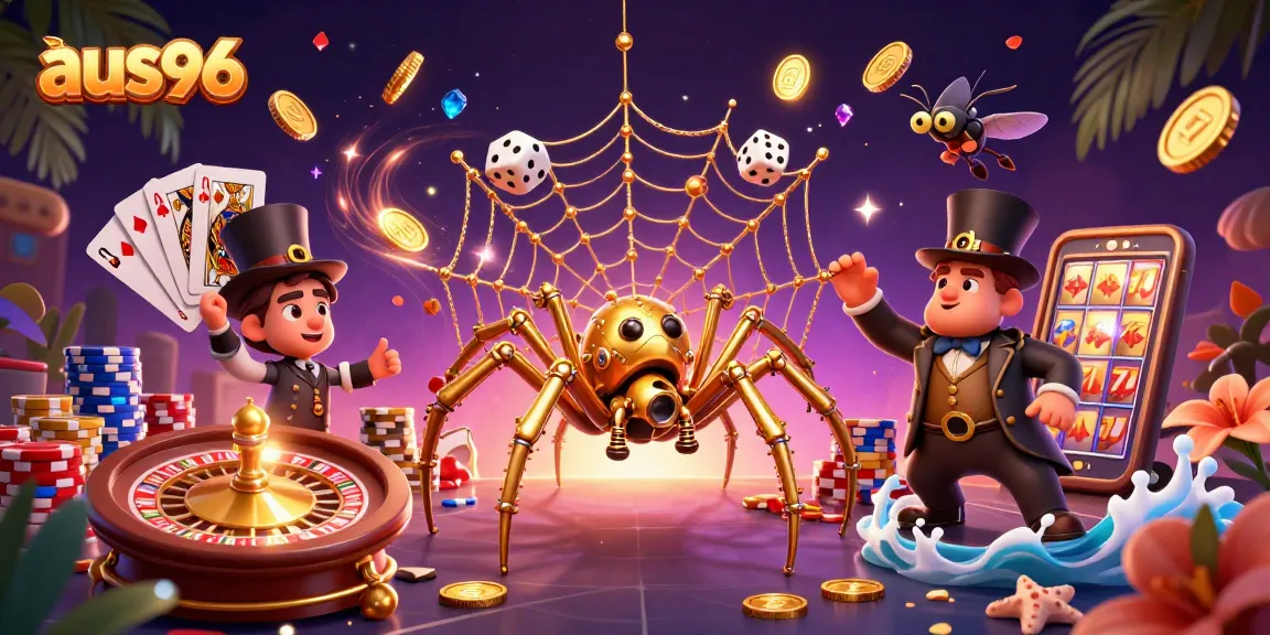 Experience the thrill at aus96 with a dynamic illustration featuring a steampunk spider, golden web, and vibrant casino elements.