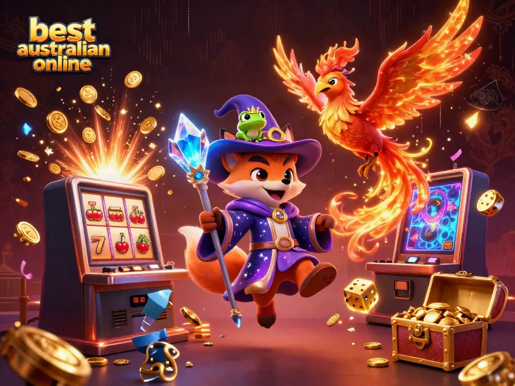 Experience the magic of the best australian online casino with a vibrant 3D wizard fox, phoenix, and dynamic gaming elements.