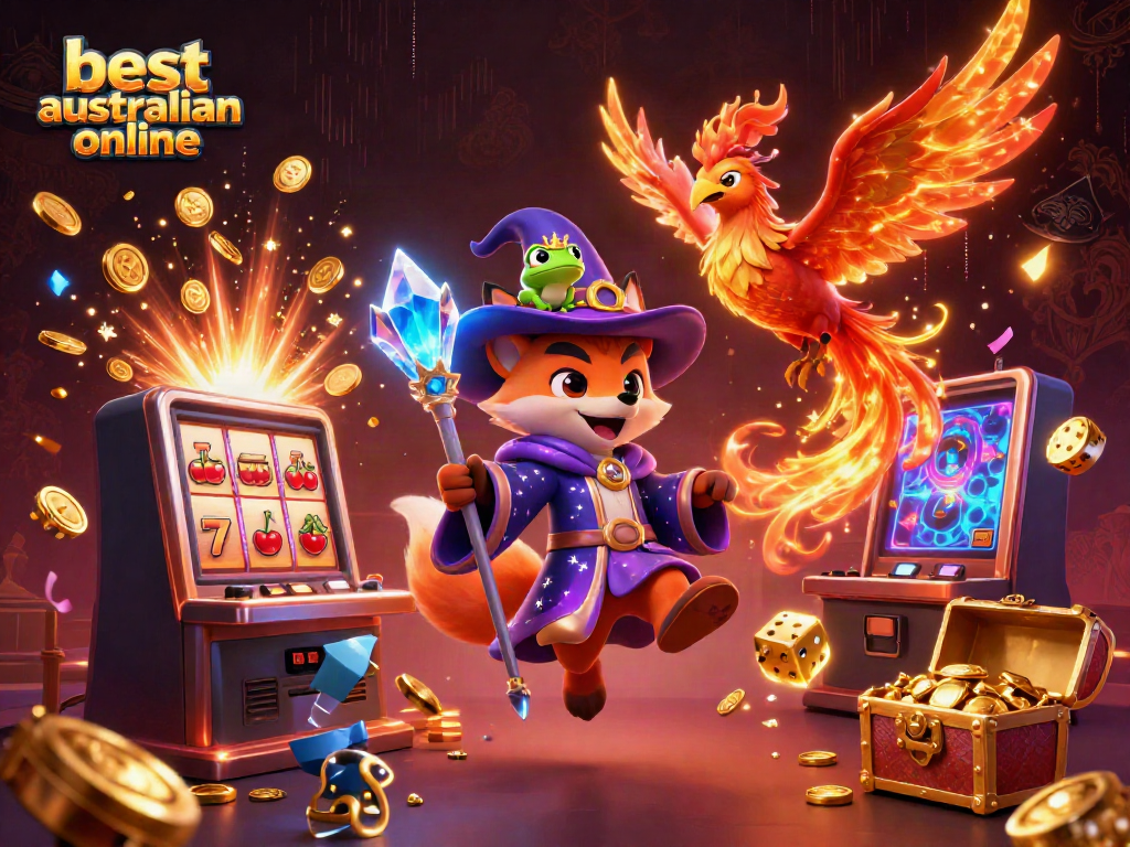 Experience the magic of the best australian online casino with a vibrant 3D wizard fox, phoenix, and dynamic gaming elements.