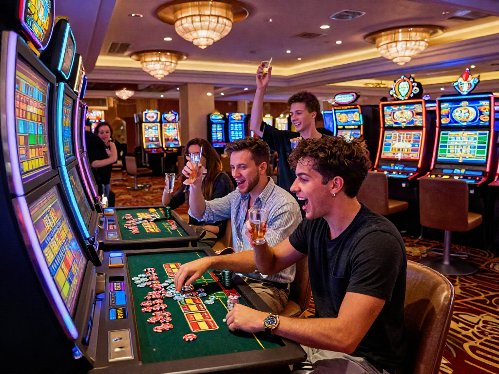 Slot gacor gaming excitement in a lively casino with friends and colorful machines.