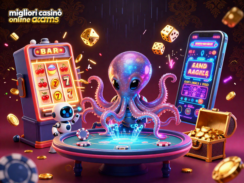 Scopri i migliori casinò online non AAMS con un polpo alieno che gioca a poker e slot in un'illustrazione 3D.
